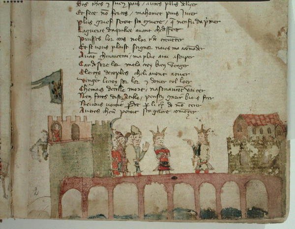 Ms Est 27 W 8.17 f.2r A Meeting on a Bridge, från The War of Attila av Nicola da Casola av Franco Italian School