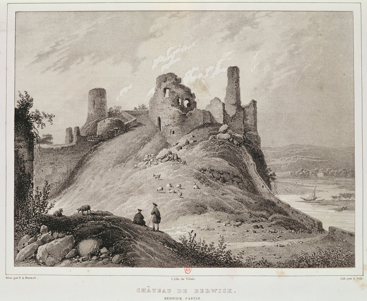 Vy över Berwick Castle, Berwick-upon-Tweed, graverad av Villain av Francois Alexandre Pernot