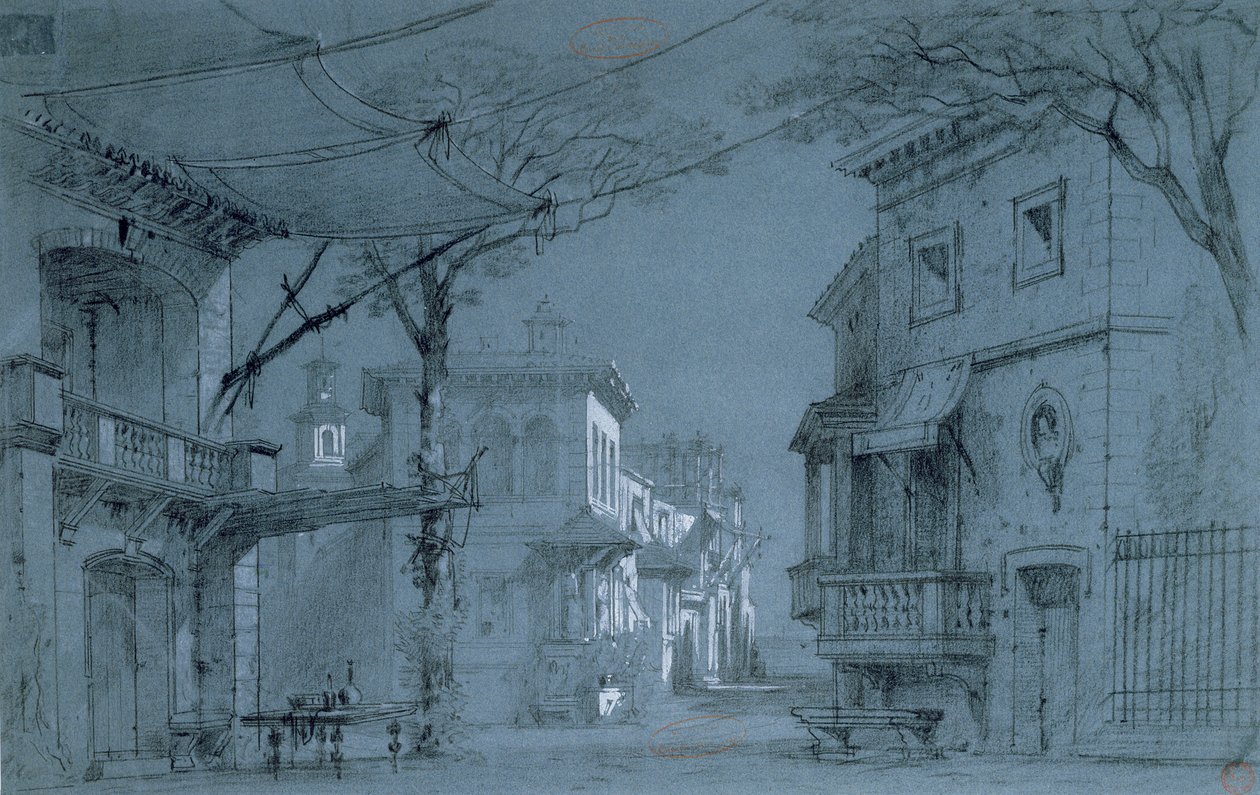 Design för uppsättningen Les Caprices de Marianne av Alfred de Musset (1810-1857) (penna, bläck och krita på blått papper) av Francois J. and Rube, Auguste A. Nolau