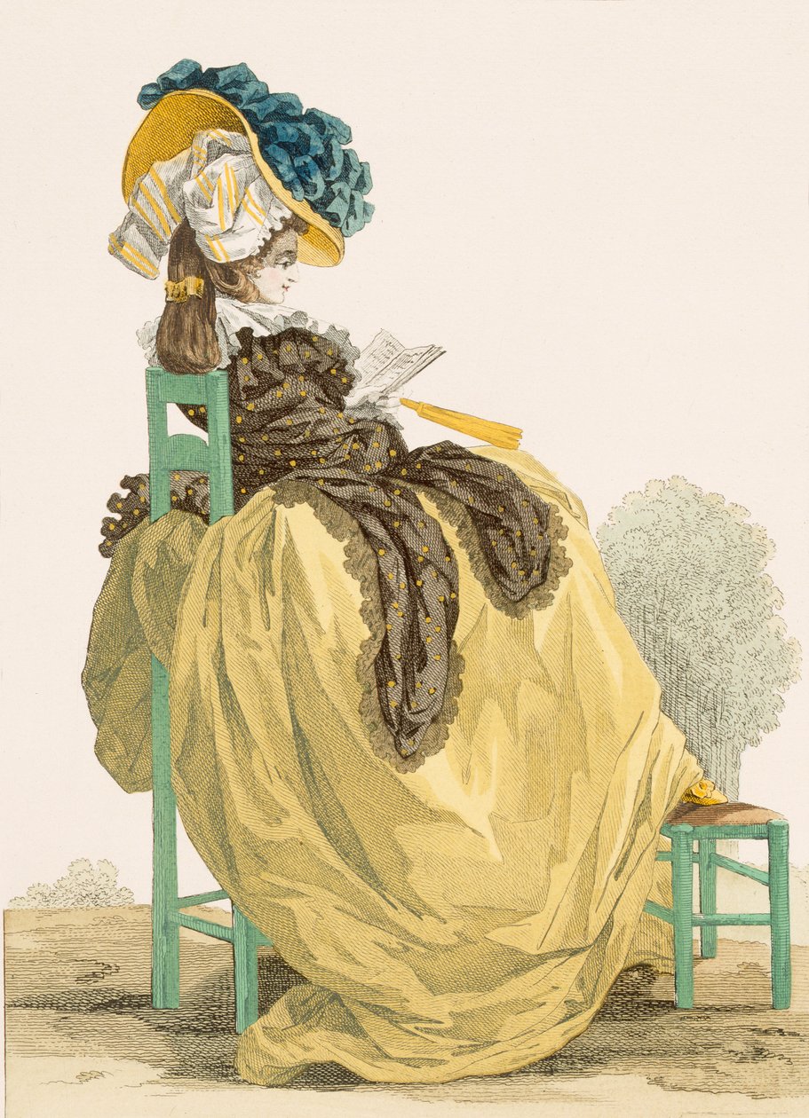 Dam som läser i en trädgård i enkel gul klänning med brun sjal, graverad av Dupin, platta nr 223 från "Galeries des Modes et Costumes Francais", 1790. av Francois Louis Joseph Watteau
