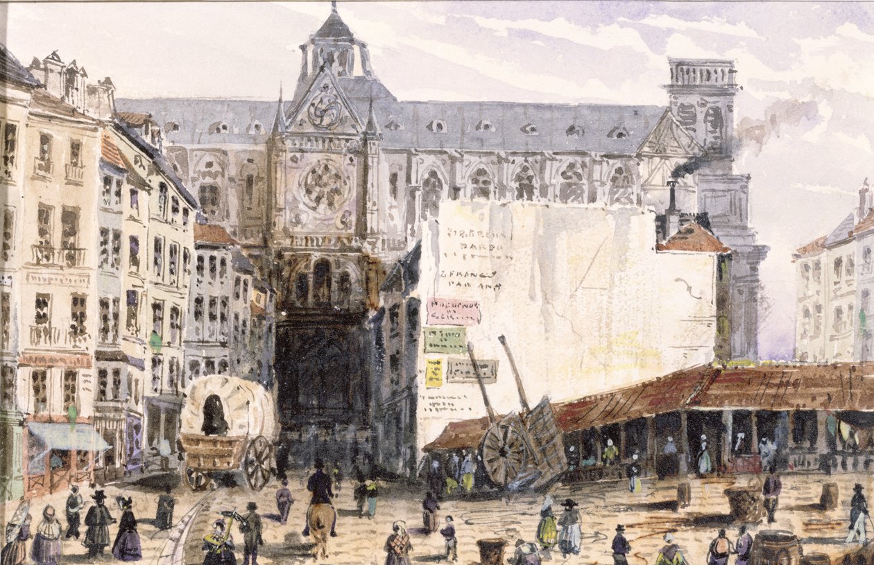 Vy över St. Eustache från Rue Montmartre, 1830 av Francois Louis Thomas Francia
