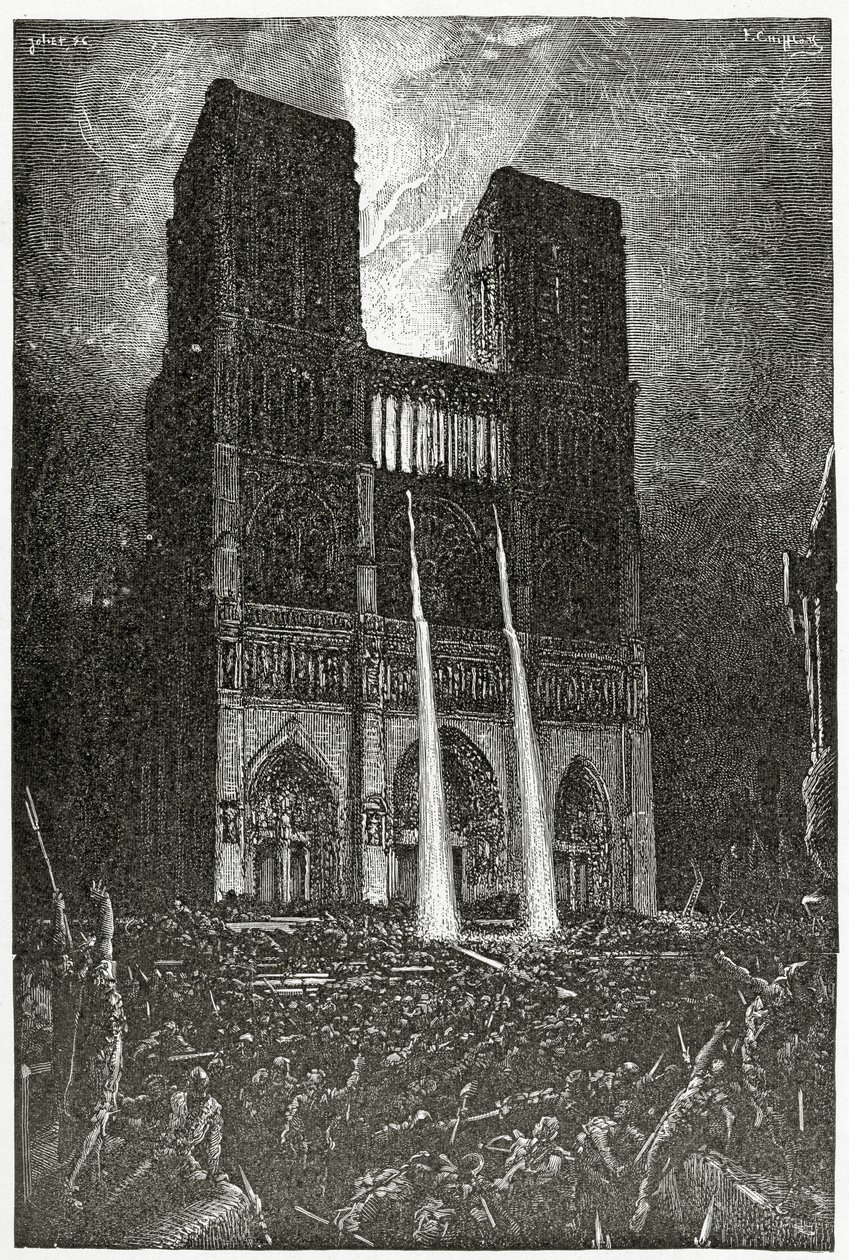 Quasimodo häller kokande olja på armén av skurkar som försöker rädda Esmeralda - illustration från Notre Dame de Paris, 1800-talet (bw gravyr) av Francois Nicolas Chifflart