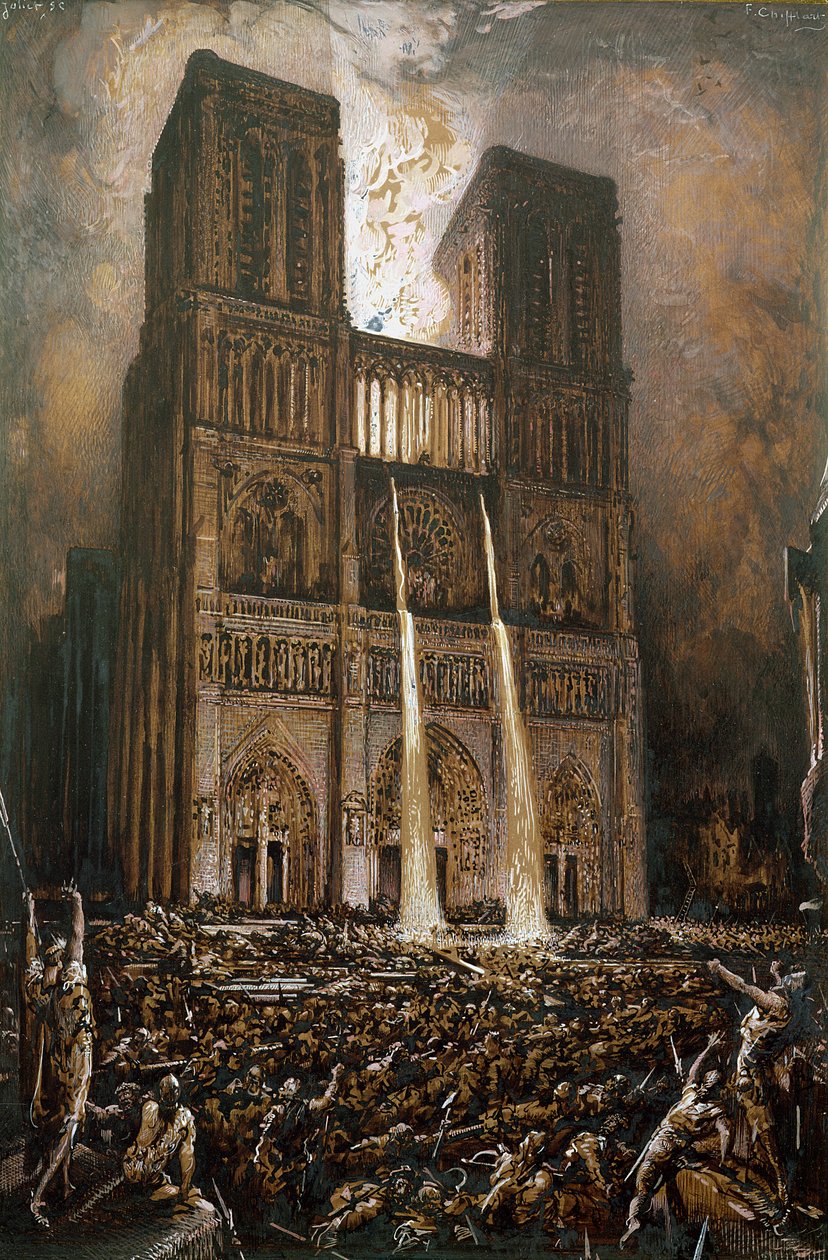 The Populace besieging Notre-Dame (penna och bläck och gouache på papper) av Francois Nicolas Chifflart