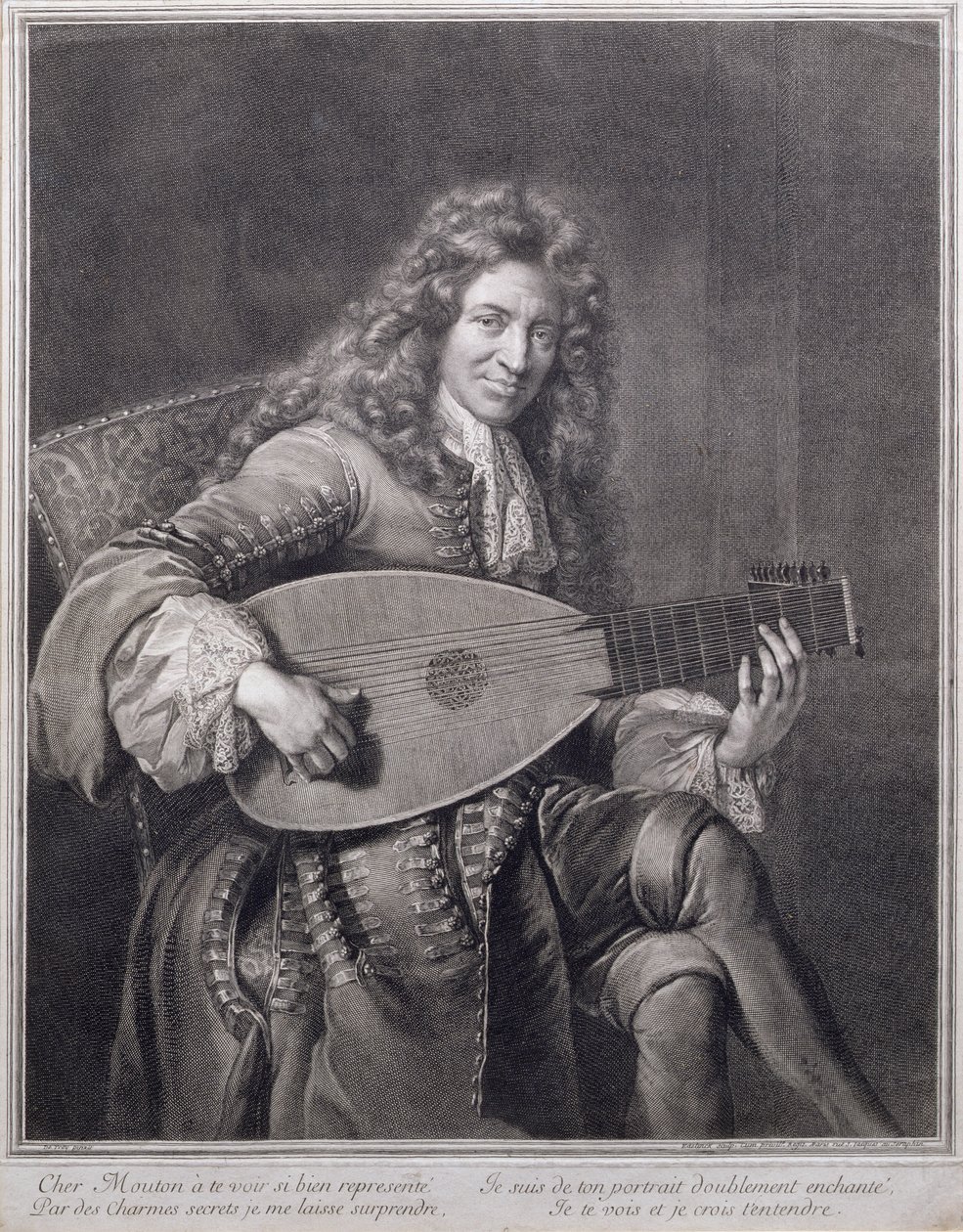 Porträtt av Mouton som spelar lutan, graverad av Gerard Edelinck (1640-1707) av Jean François de Troy