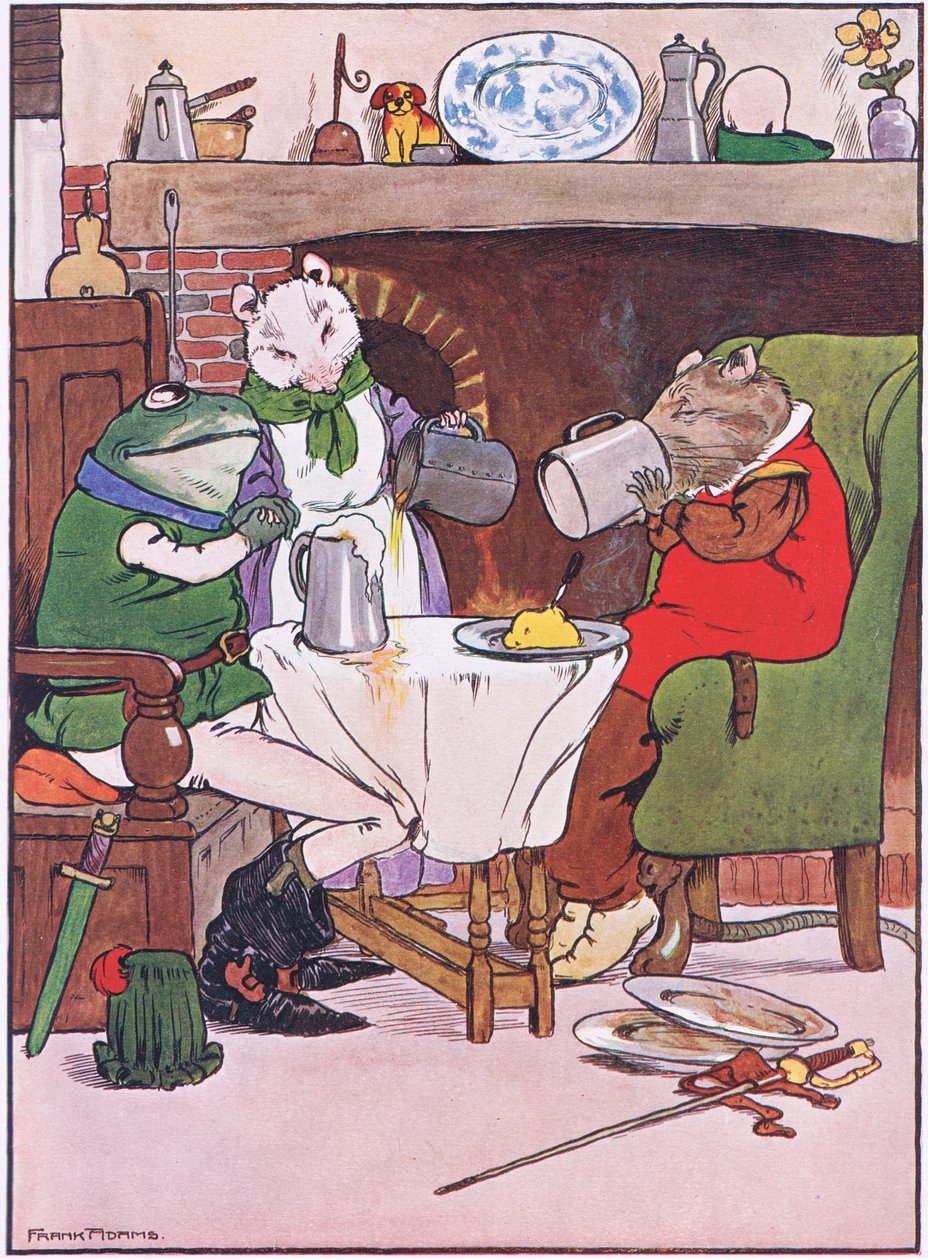 Be Mistress Mouse vill du ge oss lite öl, illustration från "The Frog would a Wooing Go", av Charles H. Bennett, 1916 av Frank Adams