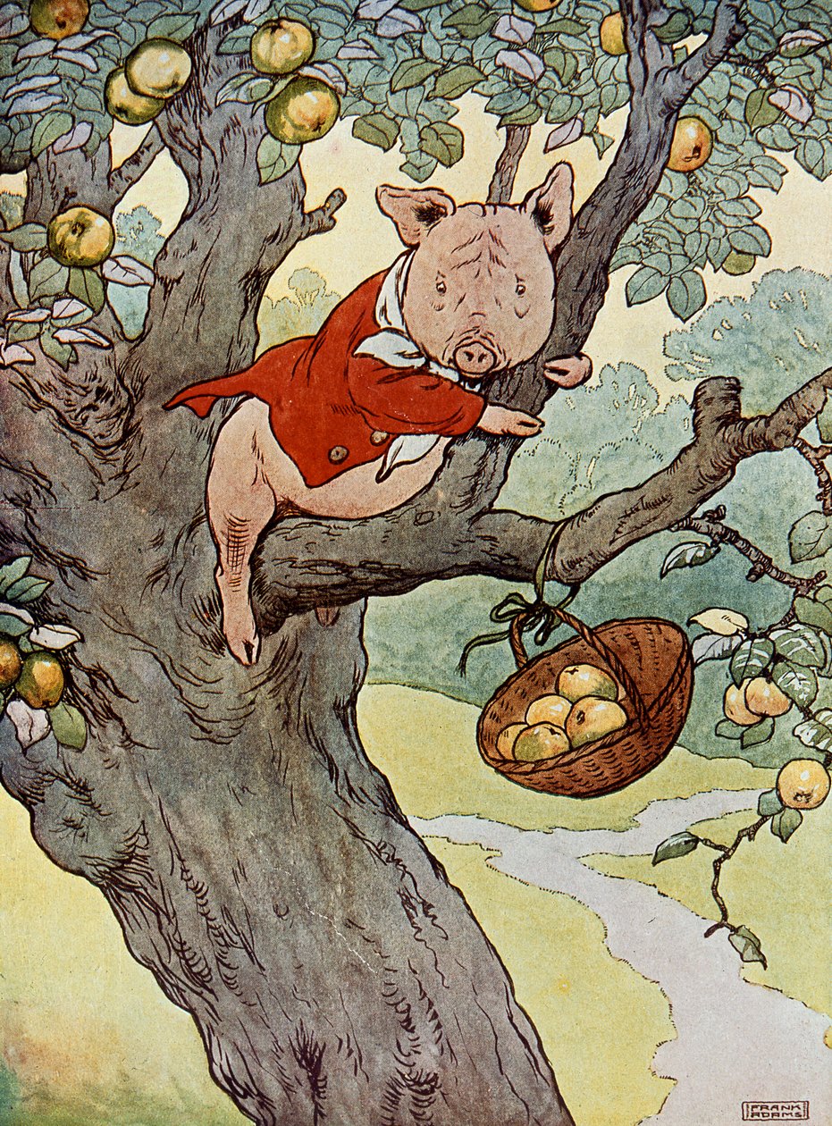 "Så han stannade kvar där han var och kände sig mycket rädd", illustration från "De tre små grisarna", publicerad på 1930-talet. av Frank Adams