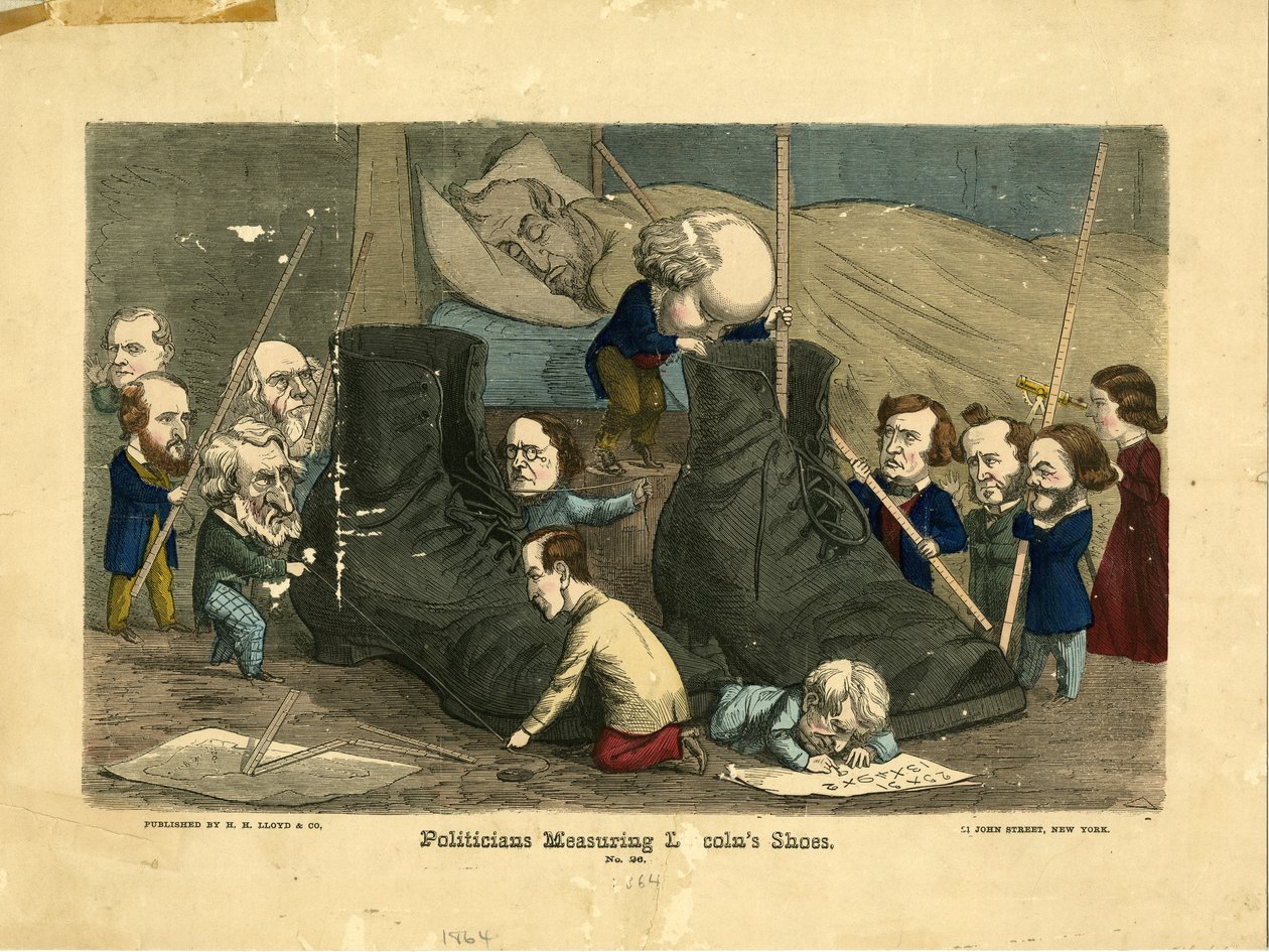 Politiker som mäter Lincolns skor, 1864 (handfärgad gravyr) av Frank Bellew