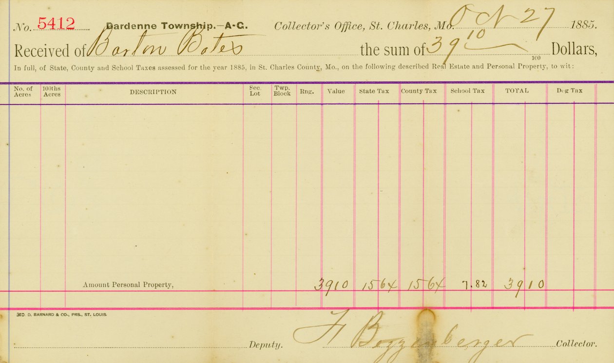 Skatter bedömda för år 1885 i St. Charles County av Frank Bizzenberger