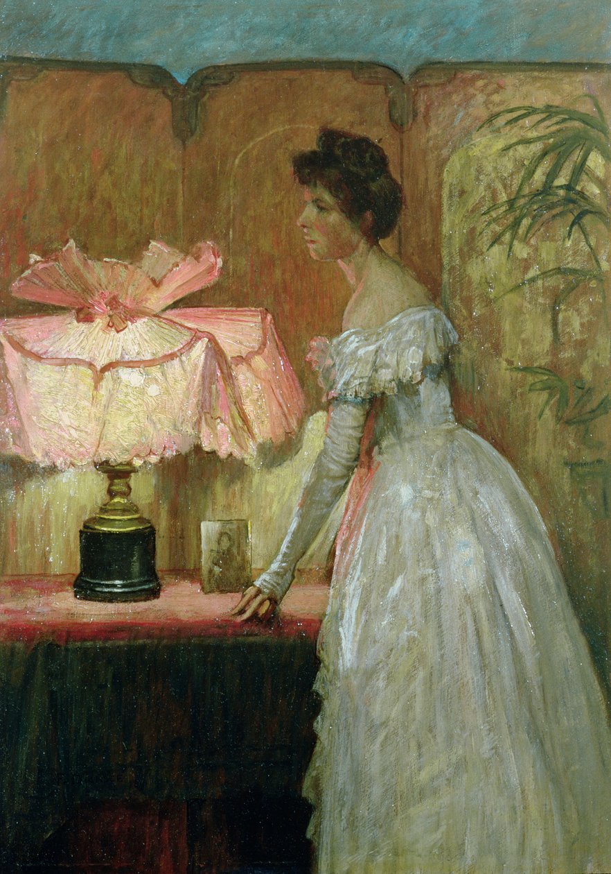 Lamplight Study of Interiör med Lady, 1891 av Frank Dicksee