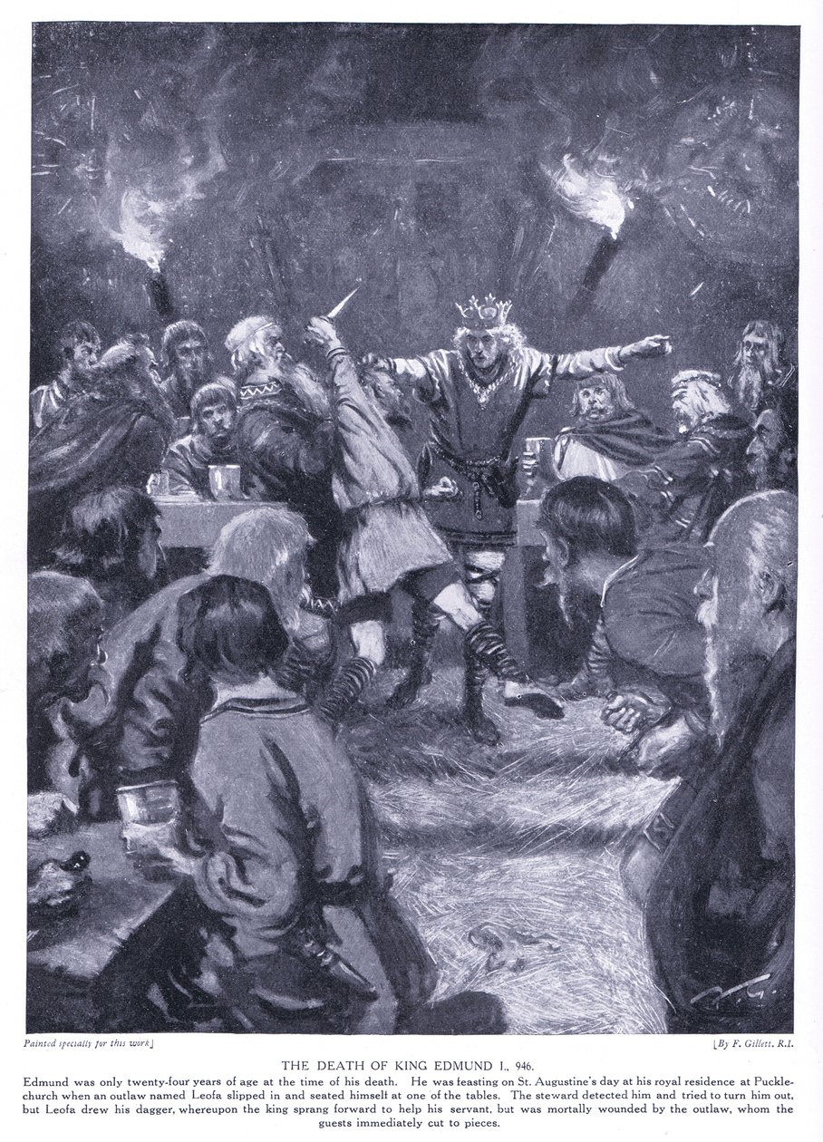 Kung Edmund I:s död AD946, 1920-talet av Frank Gillett