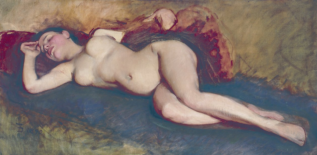 Liggande naken (olja på duk) av Frank Duveneck
