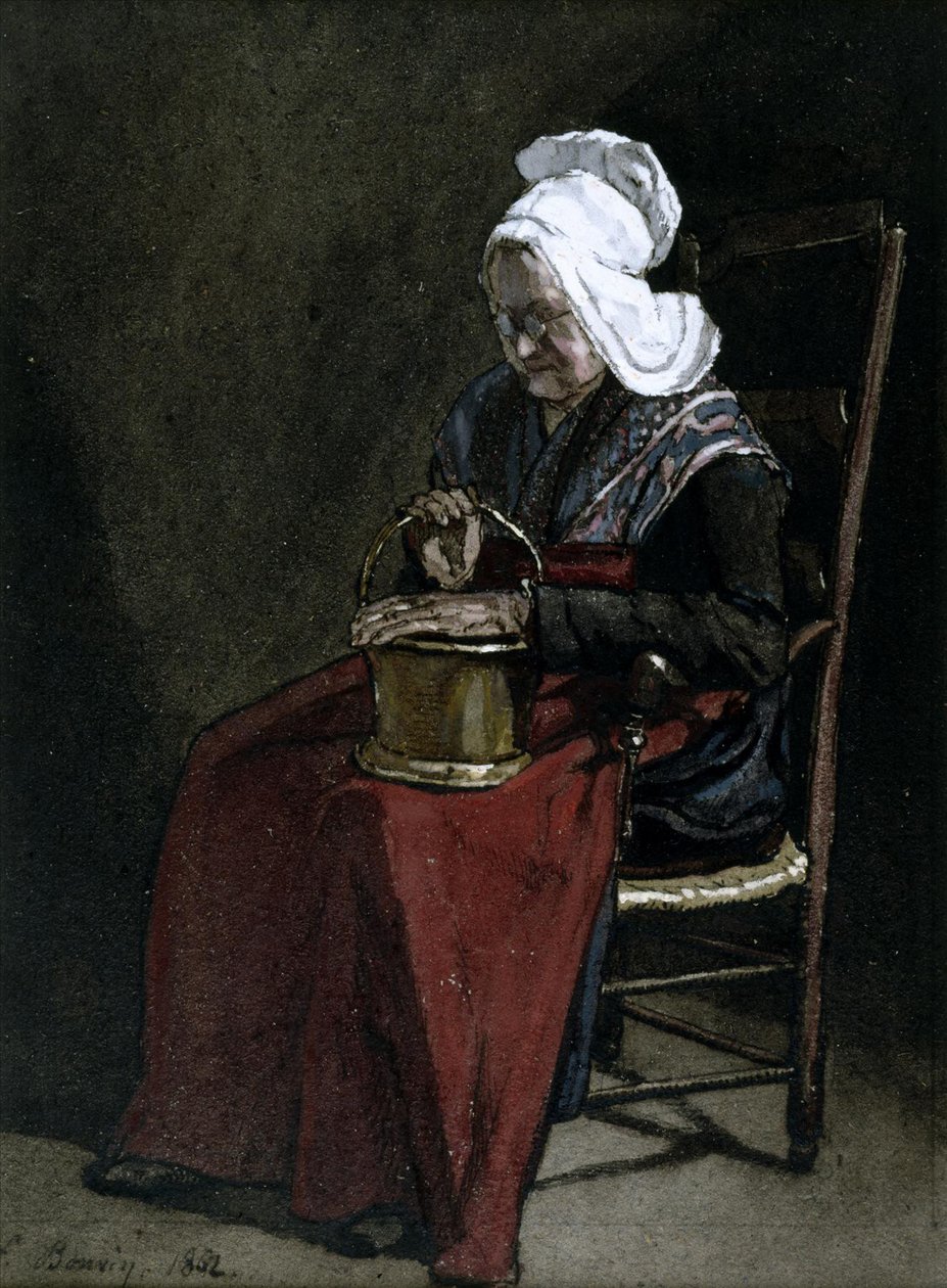Gammal kvinna med mässingskanna, 1862 (wc, penna, bläck och blyerts på papper) av François Bonvin