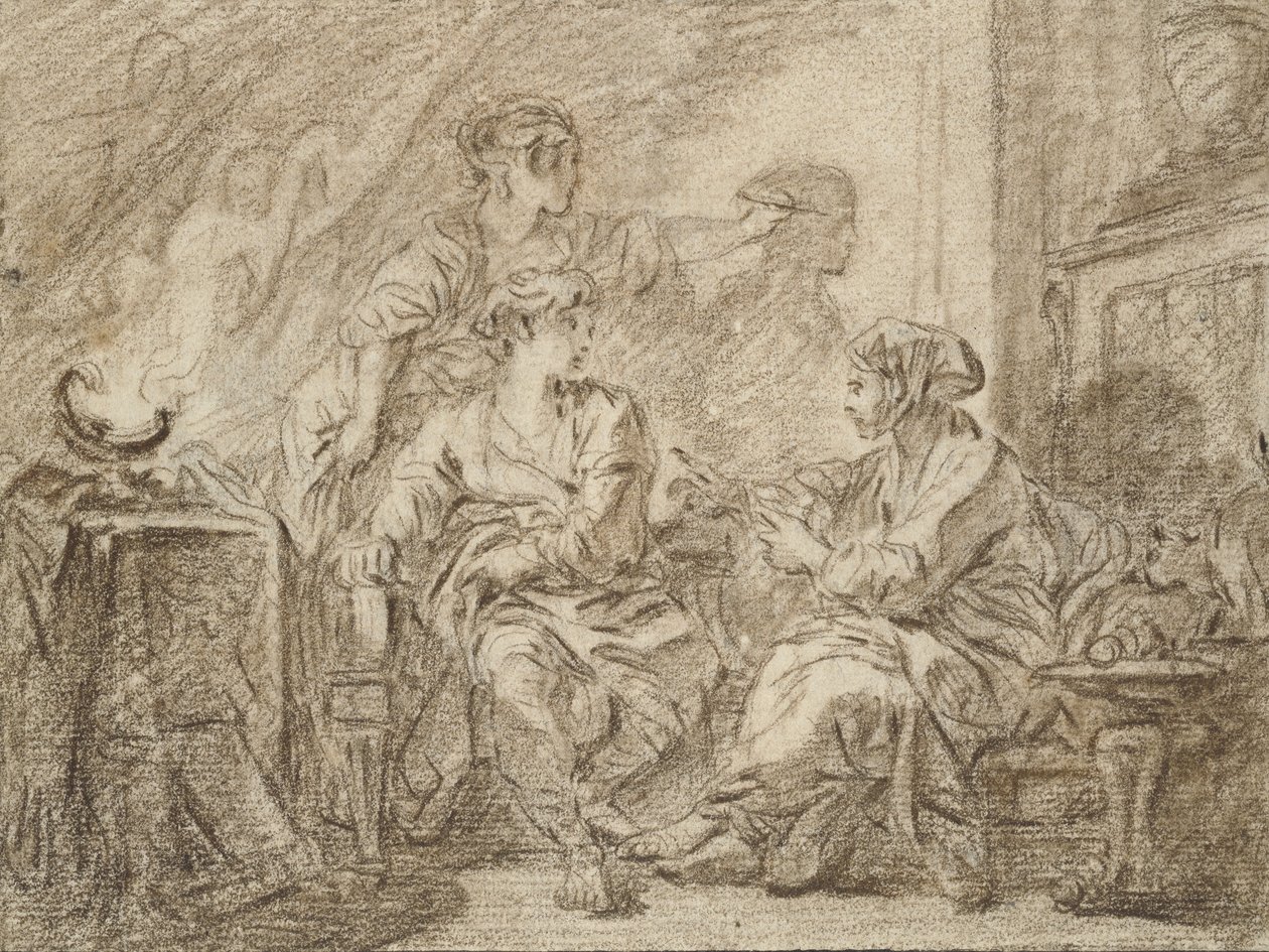 The Invention of Drawing (brun krita på benvitt papper kantad med svart bläck) av François Boucher