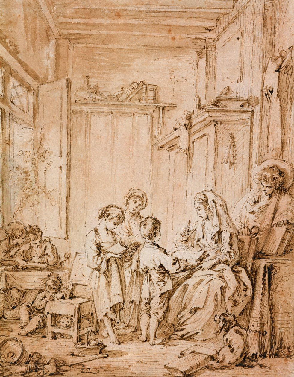 Skolrummet (bläck och brunt tvätt på papper) av François Boucher