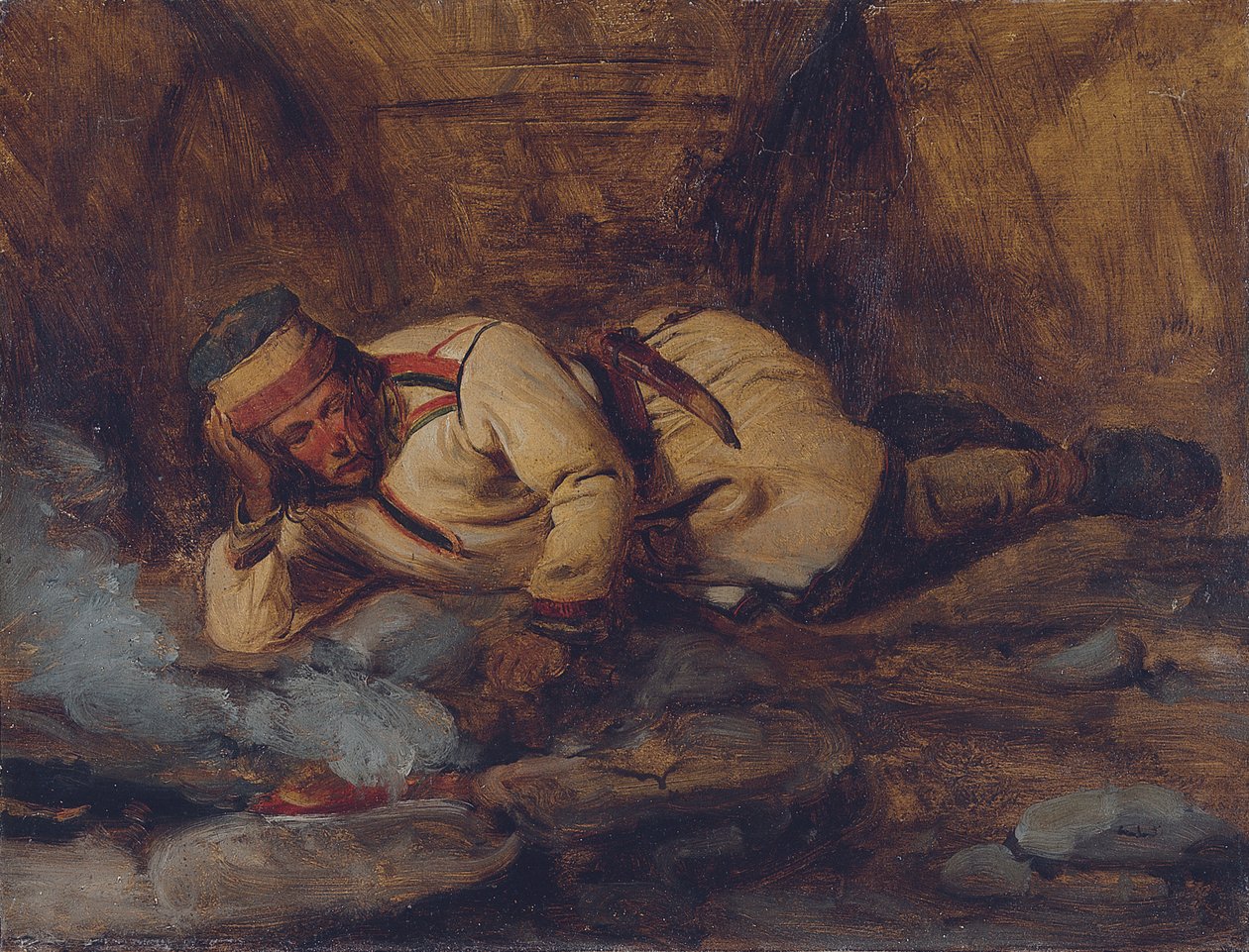 En lapplänning som sover vid en eld av François Auguste Biard
