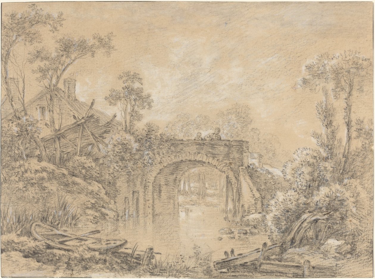 Landskap med en rustik bro av François Boucher