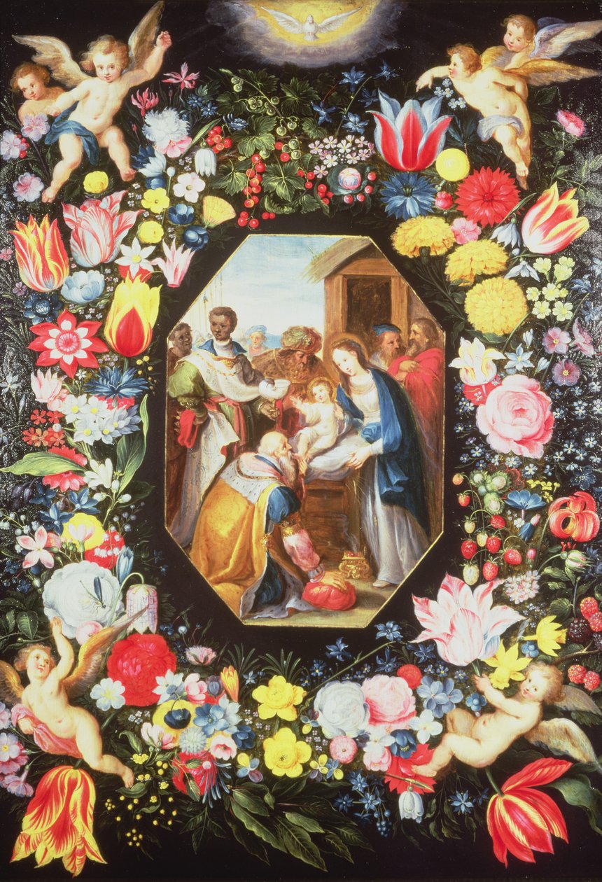 Tillbedjan av männen omgiven av en krans av blommor av Frans II Francken the Younger