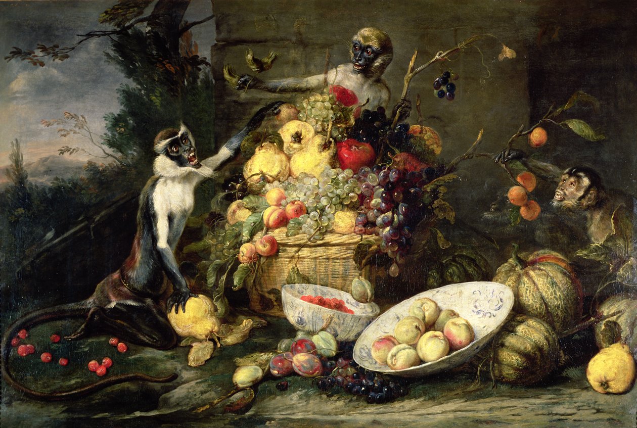 Tre apor som stjäl frukt av Frans Snyders or Snijders