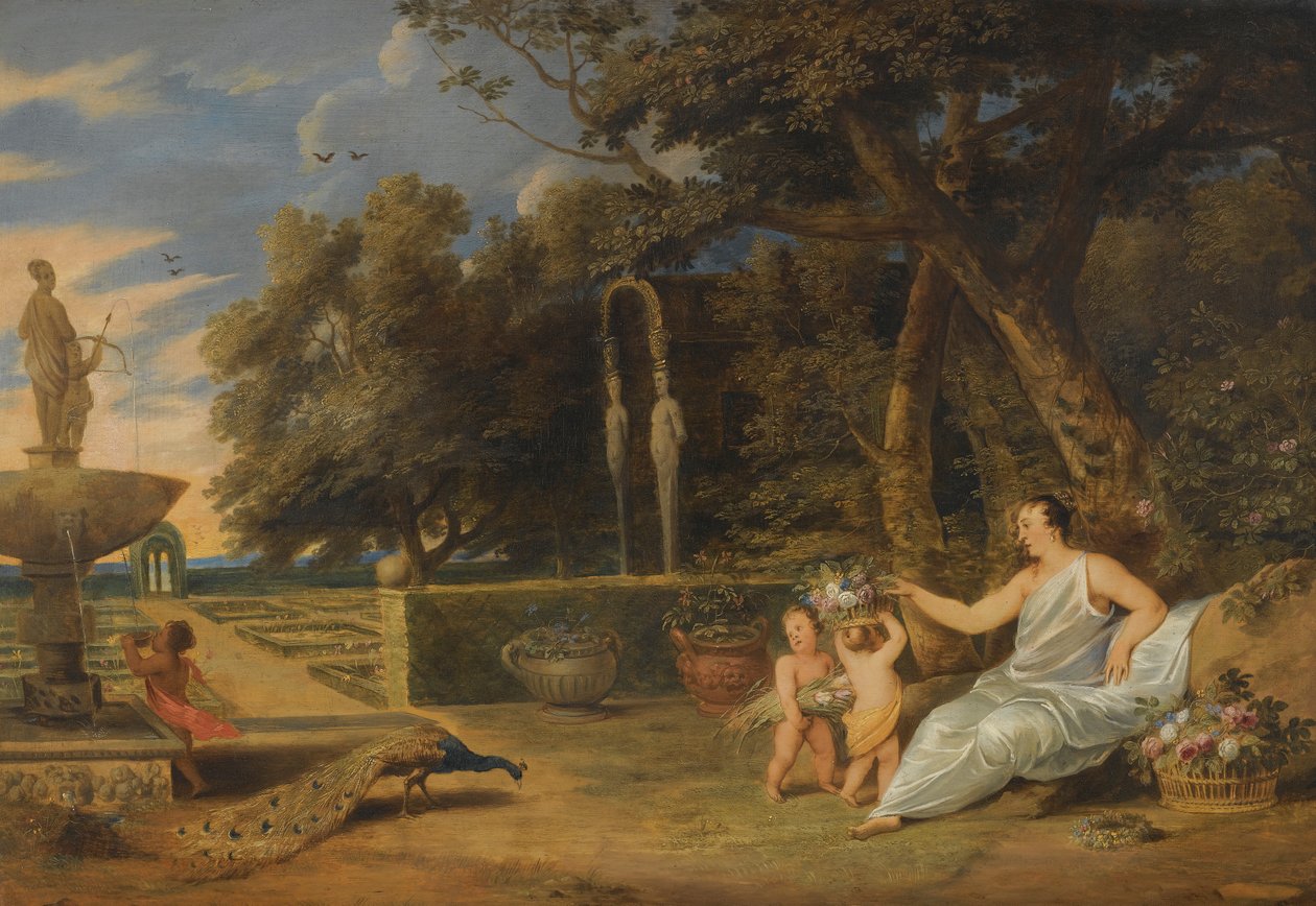 Flora med tre putti i en trädgård av Frans Wouters