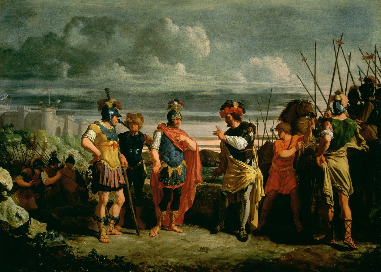 Möte mellan Claudius Civilis och befälhavaren för den romerska armén. av Frans de Jong or Jongh
