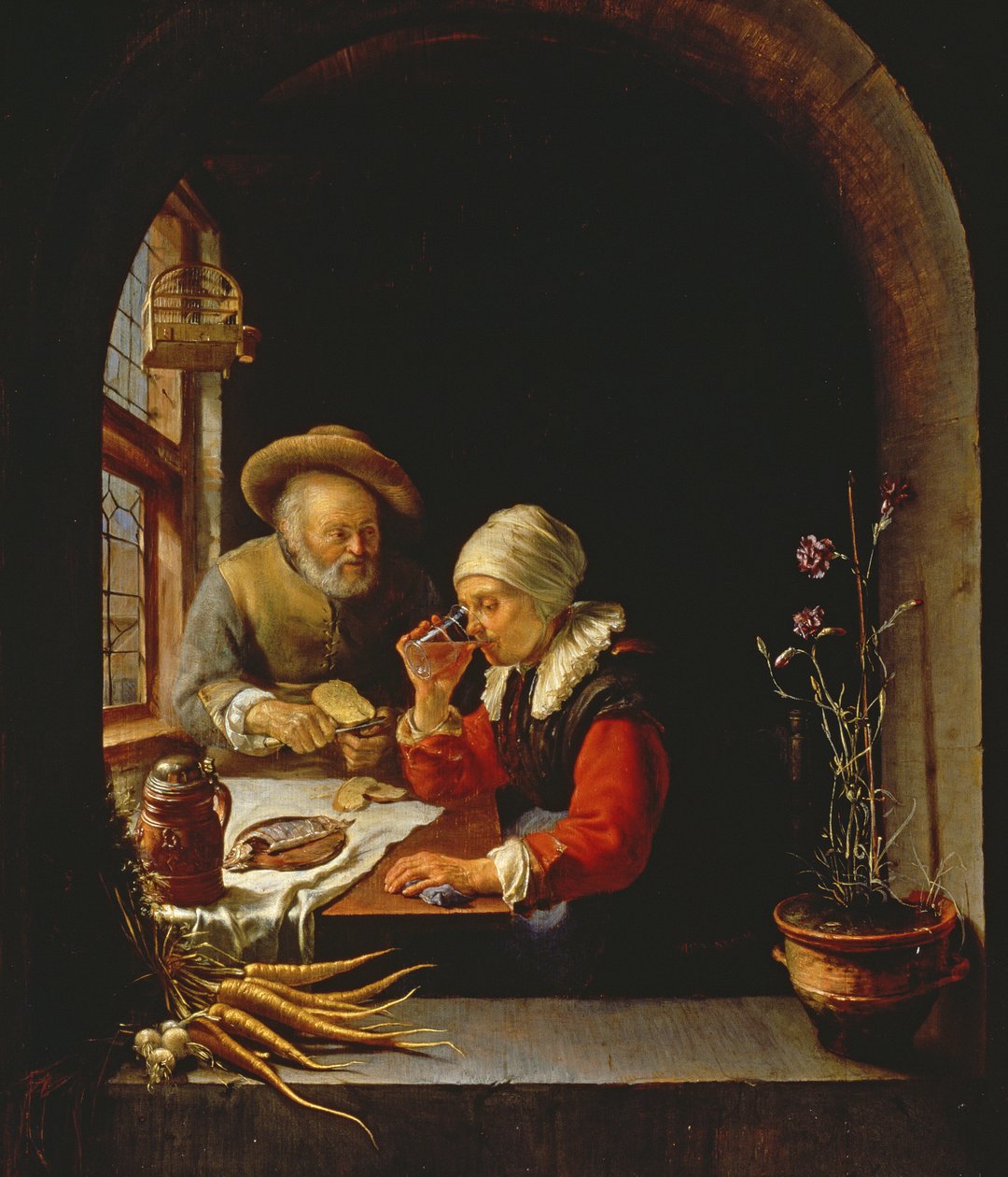 Ett äldre par som äter (panel) av Frans van Mieris