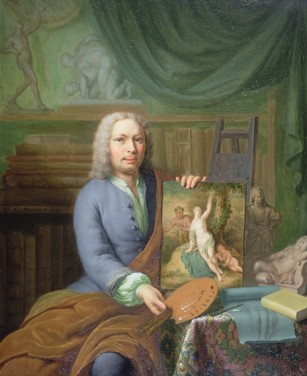 Porträtt av konstnärens far som håller i sin målning "Erigone" av Frans van Mieris