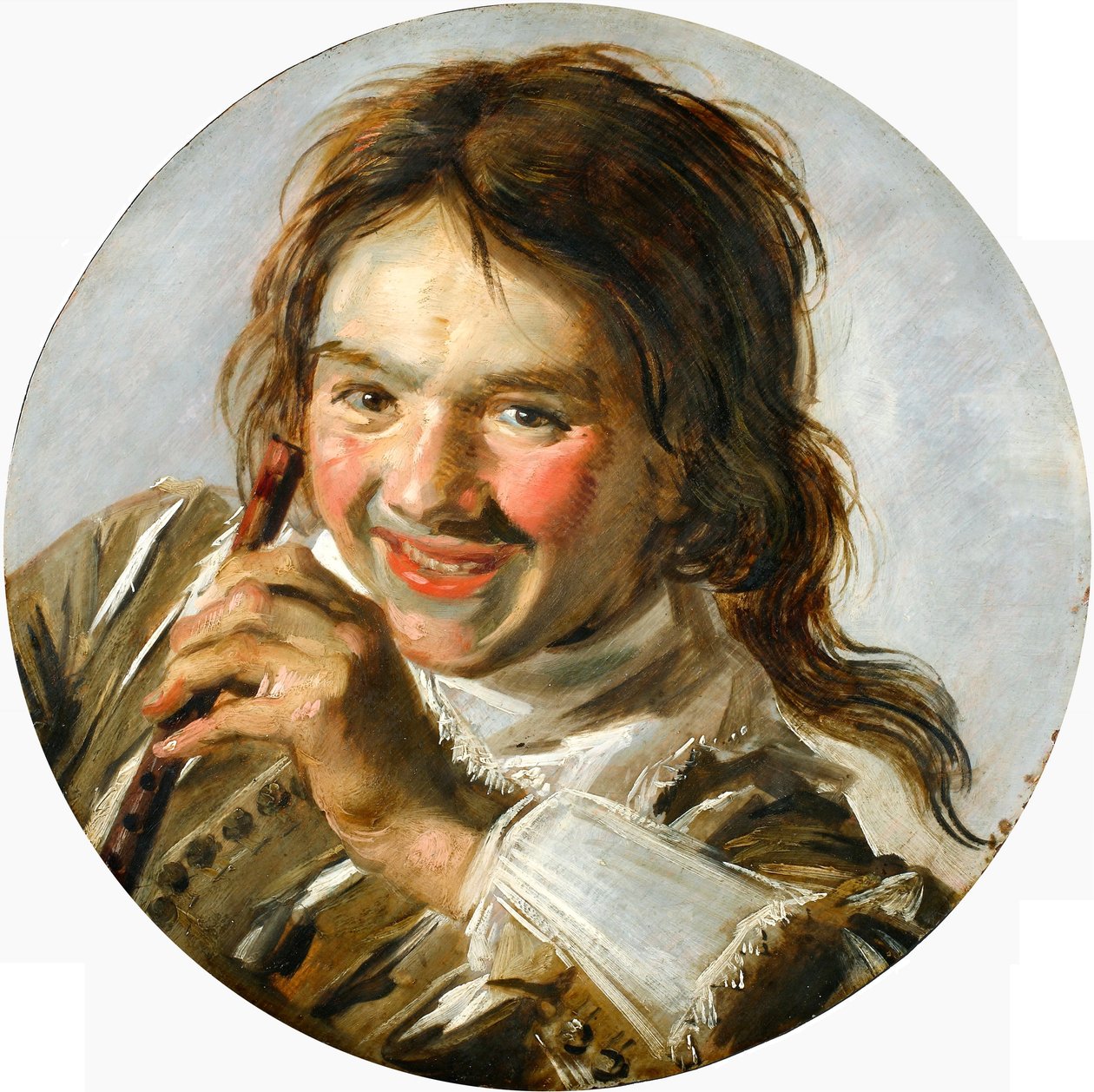 Halvlångt porträtt av en skrattande pojke med en flöjt av Frans Hals