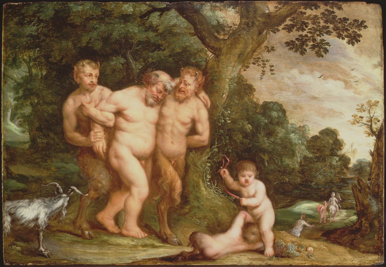 The Drunken Silenus (olja på panel) av Frans Wouters