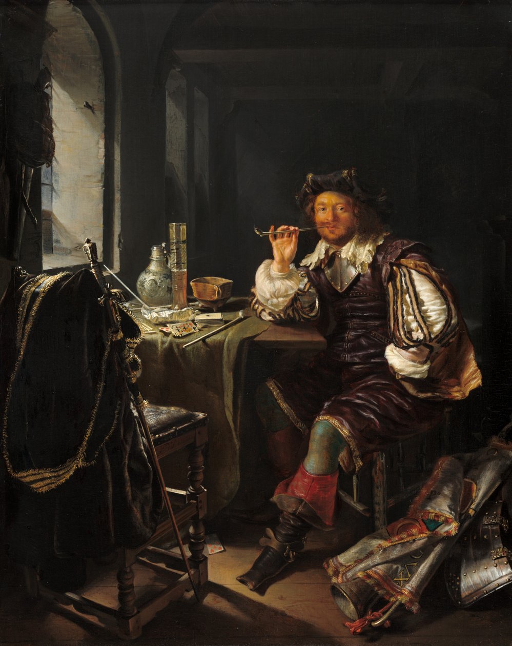 En soldat som röker en pipa av Frans van Mieris