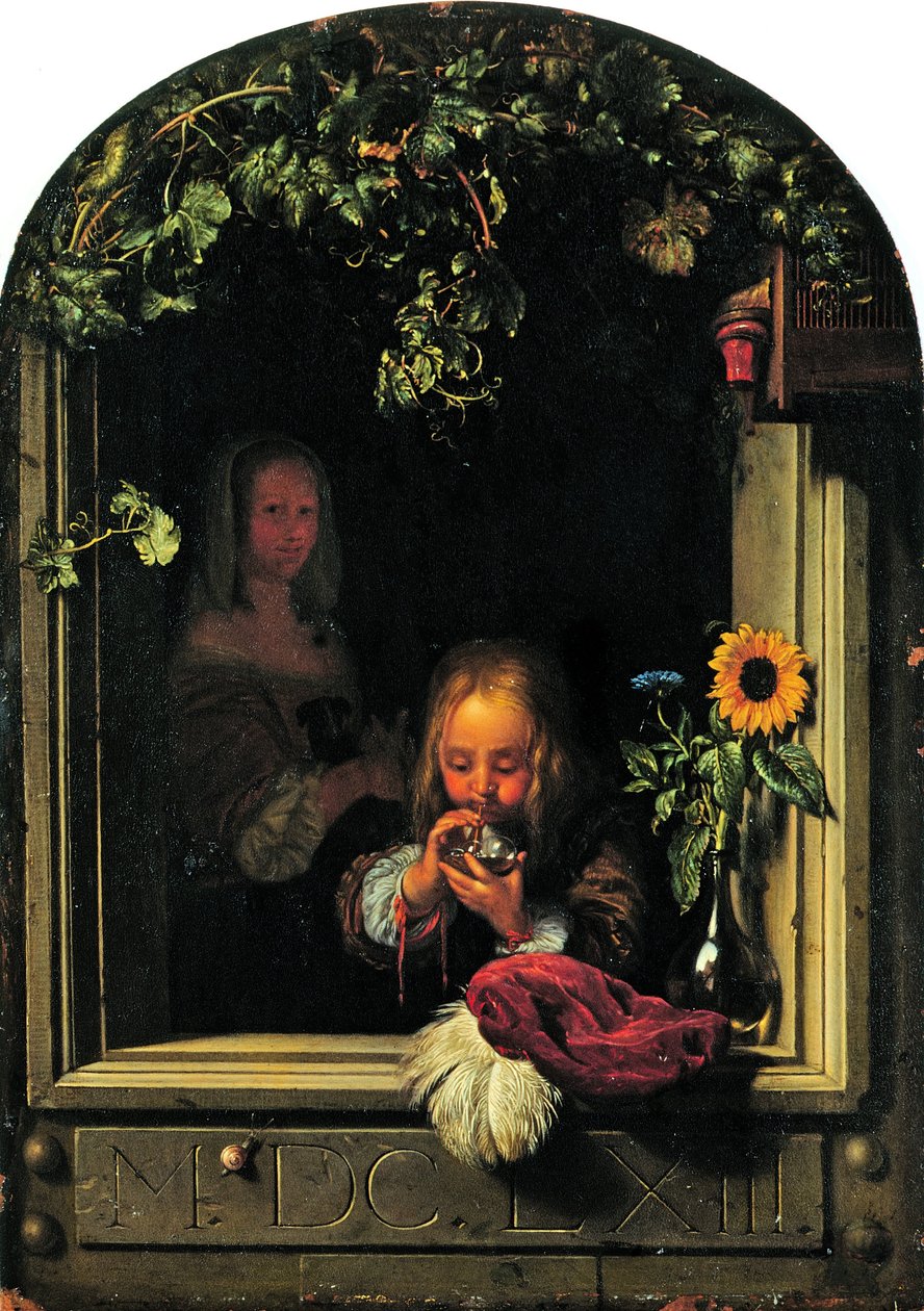 Pojke blåser bubblor av Frans van Mieris the Elder