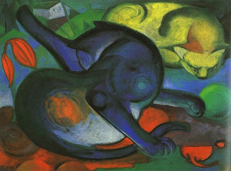 Zwei Katzen, blau und gelb av Franz Marc