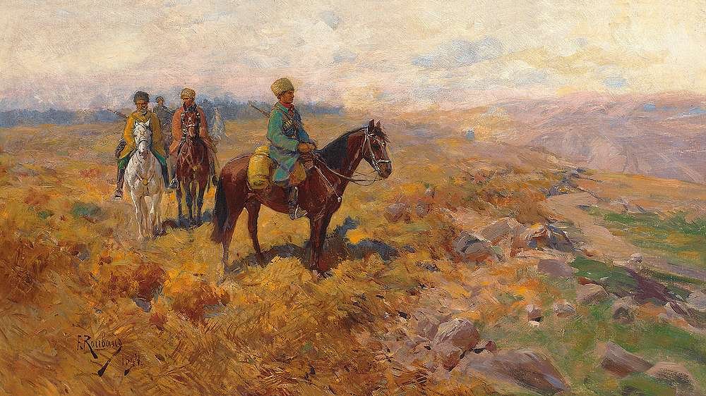  Bewaffnete kaukasische Reiter auf Patrouillen av Franz Roubaud