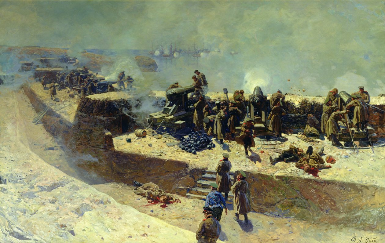 Alexanderbatteriet attackerade den engelsk-franska flottan den 5 oktober 1854, 1905 av Franz Roubaud