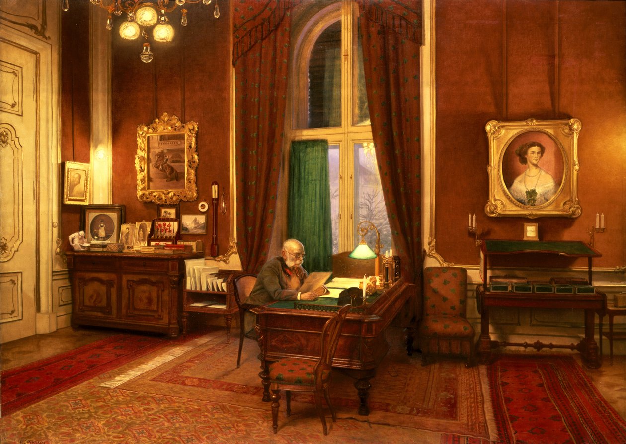 Kejsar Franz Joseph I av Österrike i sitt arbetsrum på Schloss Schönbrunn. av Franz von Matsch