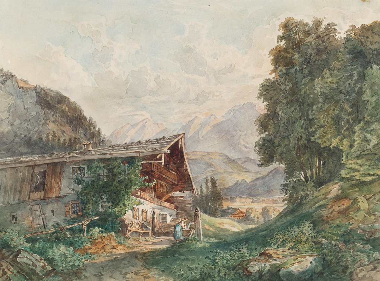 Alplandskap med bondgård och kvinna vid fontän av Franz Barbarini