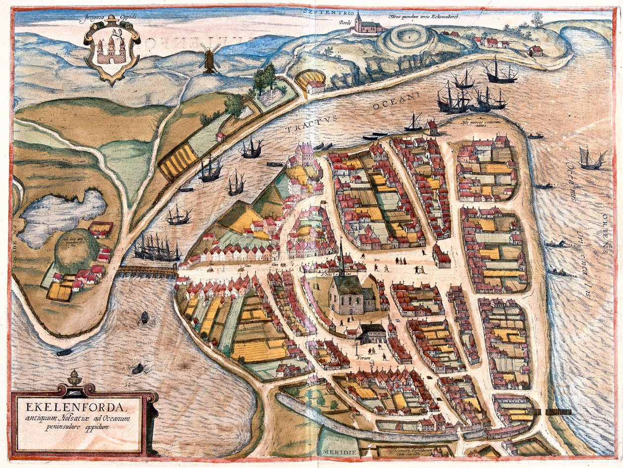 Eckernforde, Tyskland (gravyr av Franz Hogenberg