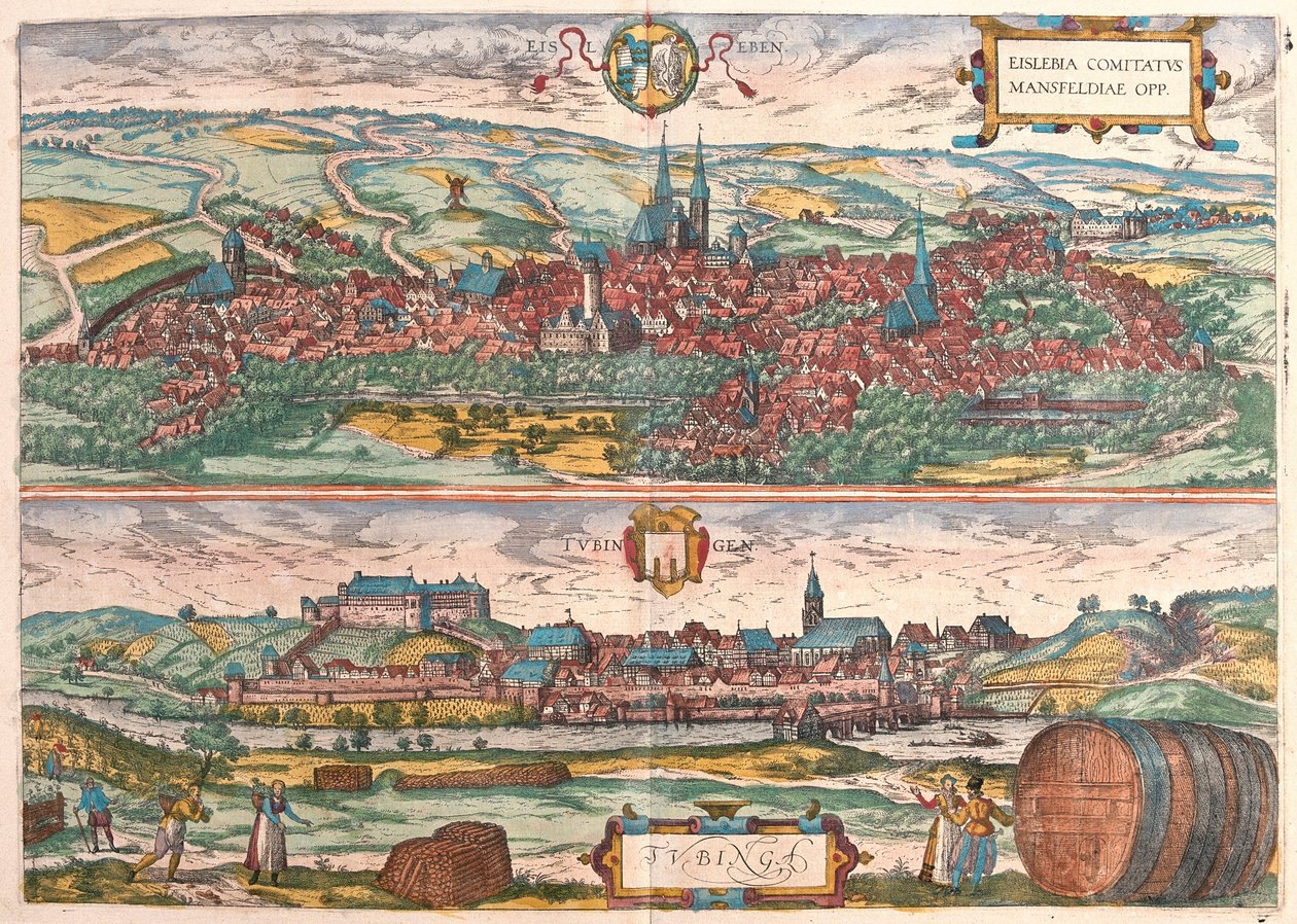 Eisleben och Tubingen, Tyskland (gravyr av Franz Hogenberg