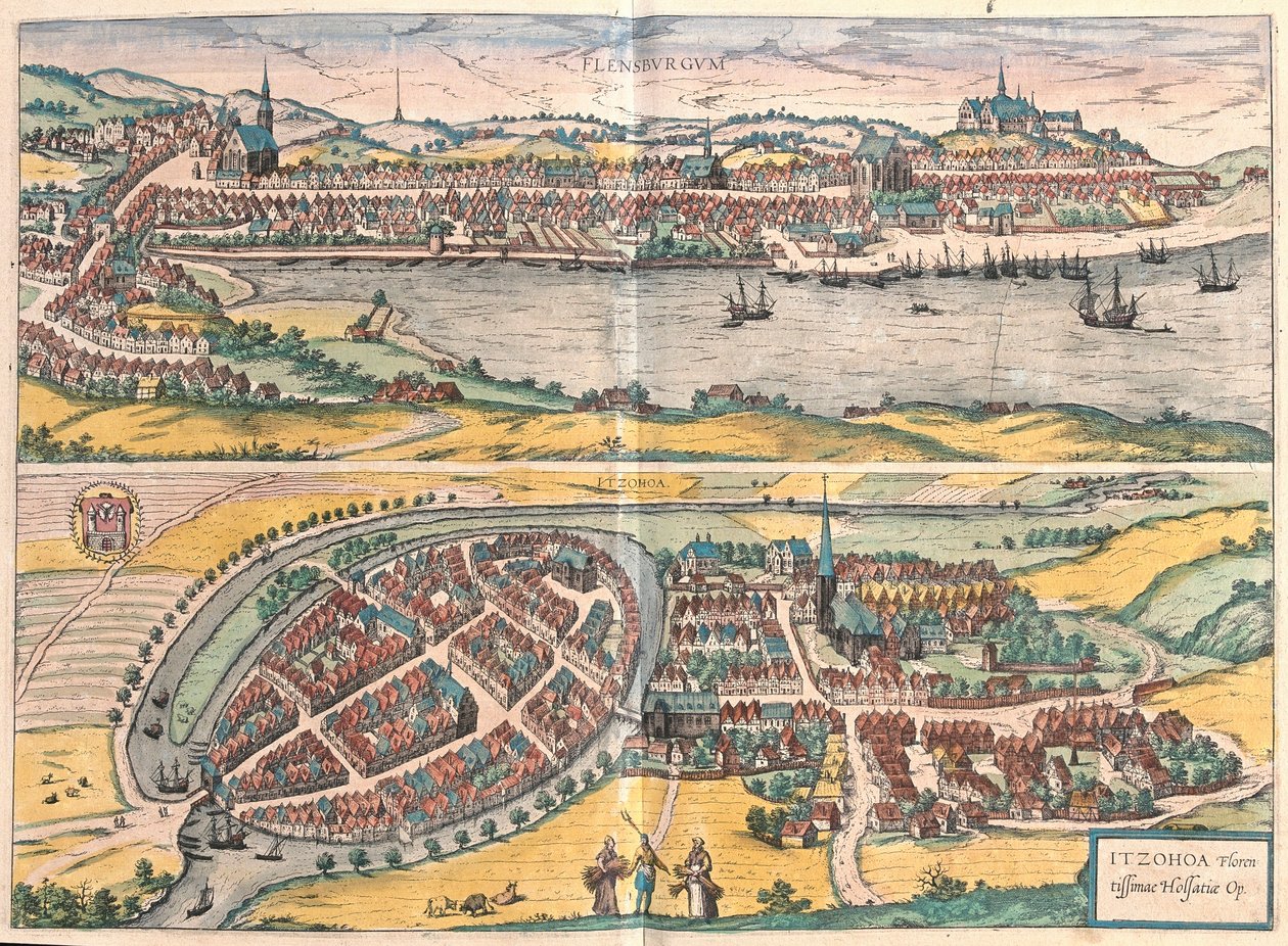 Flensburg och Itzehoe, Tyskland (gravyr av Franz Hogenberg