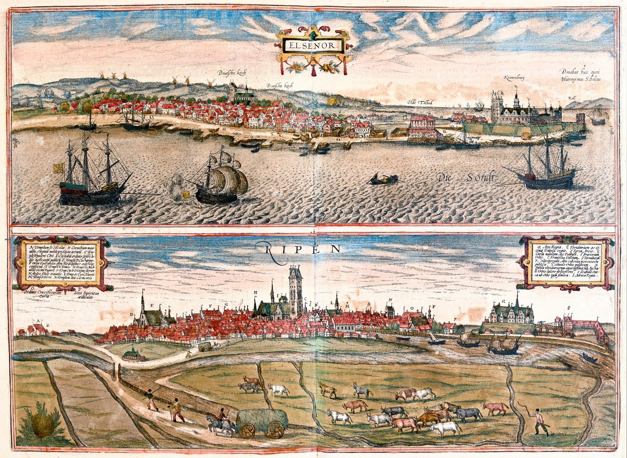 Helsingör och Ribe, Danmark (gravyr av Franz Hogenberg