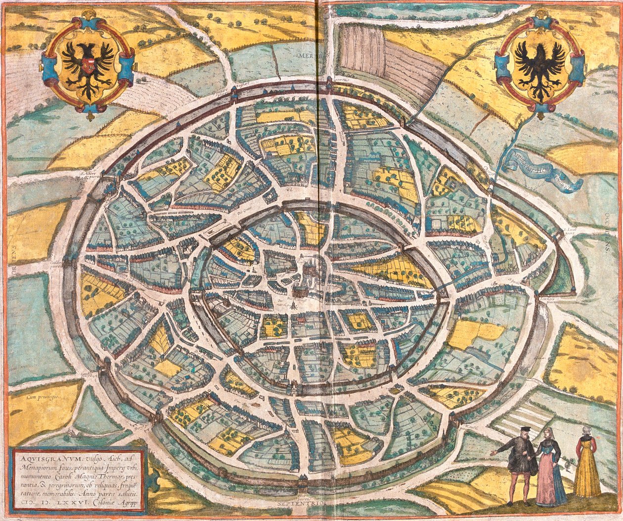 Karta över Aachen (Aquisgranum), Tyskland (etsning av Franz Hogenberg
