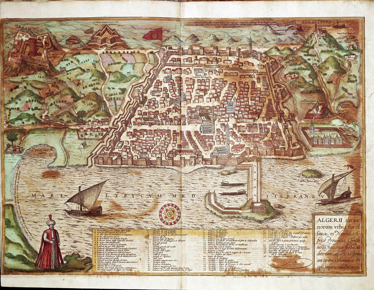 Karta över Alger - Algeriet (gravyr av Franz Hogenberg