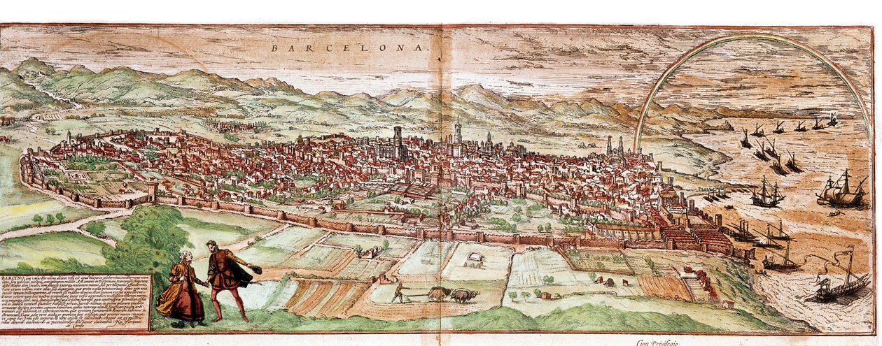 Karta över Barcelona - Spanien (gravyr av Franz Hogenberg