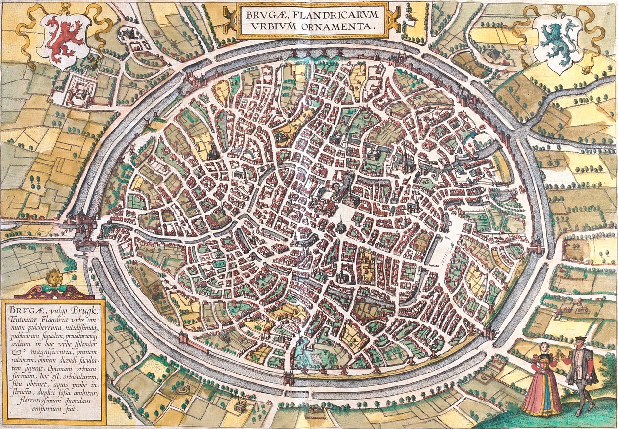 Karta över Brygge (Brugae), Belgien (etsning av Franz Hogenberg