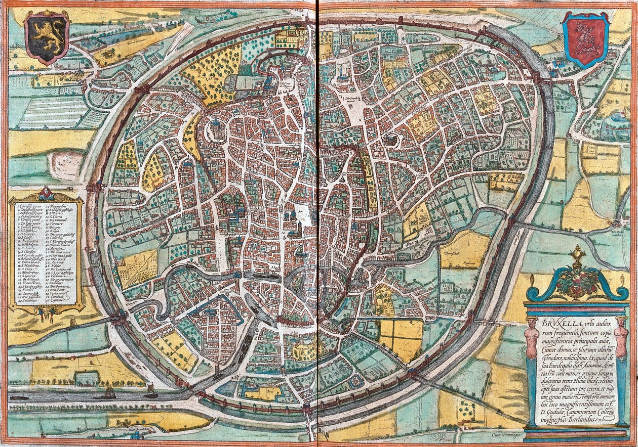 Karta över Bruxelles (Bruxella), Belgien (etsning av Franz Hogenberg