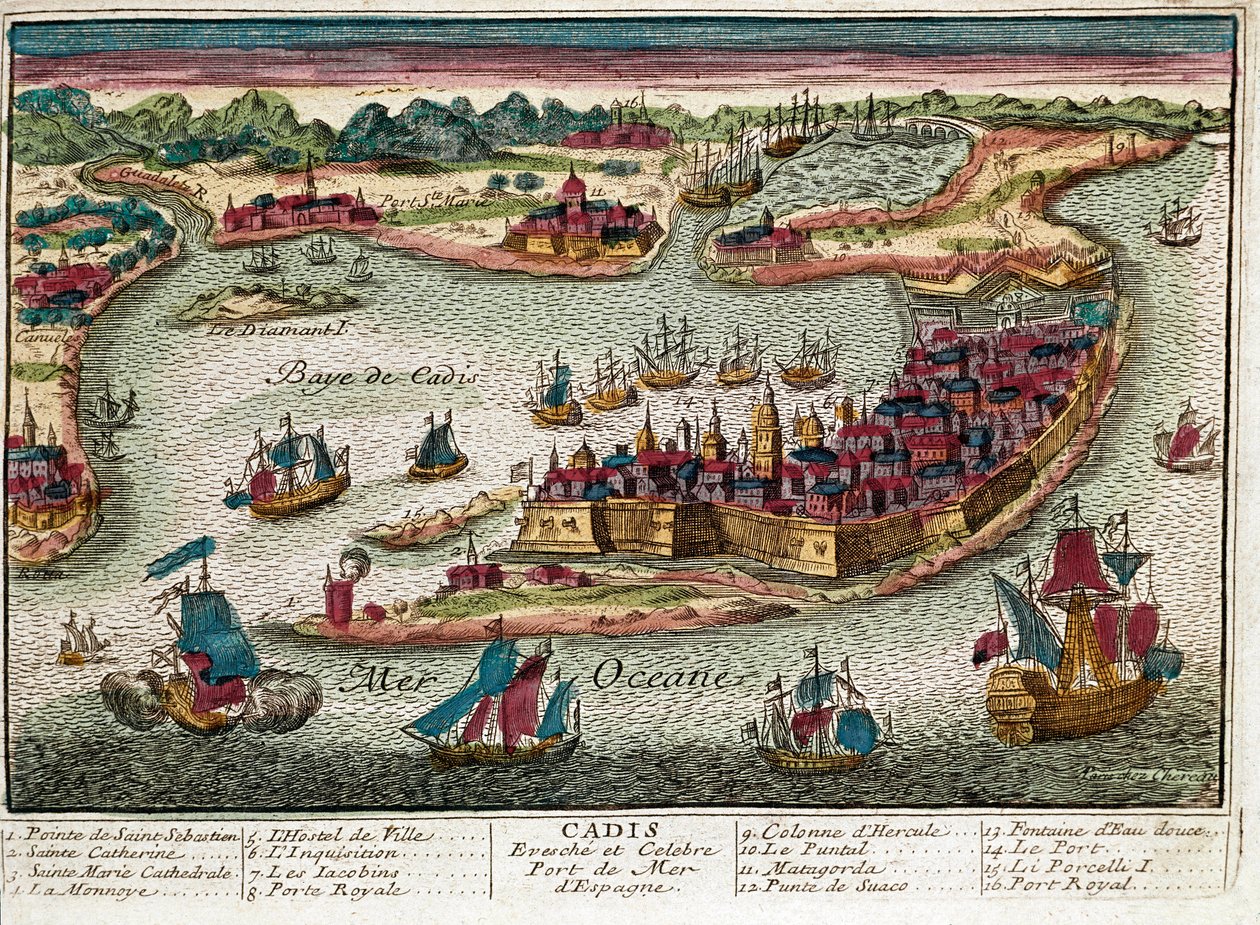 Karta över Cadiz - Spanien (gravyr av Franz Hogenberg