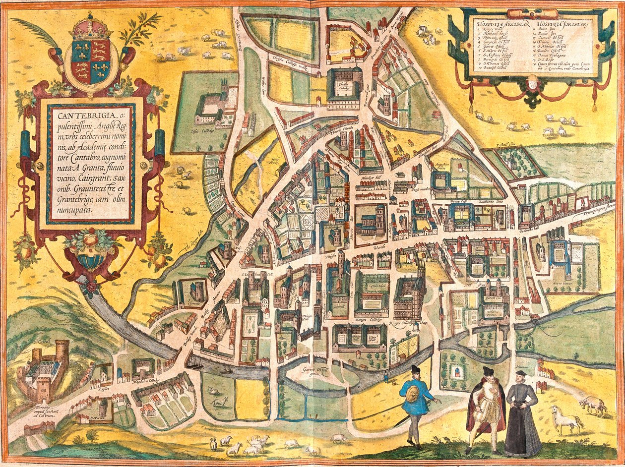 Karta över Cambridge (Cantebrigia), England (etsning av Franz Hogenberg