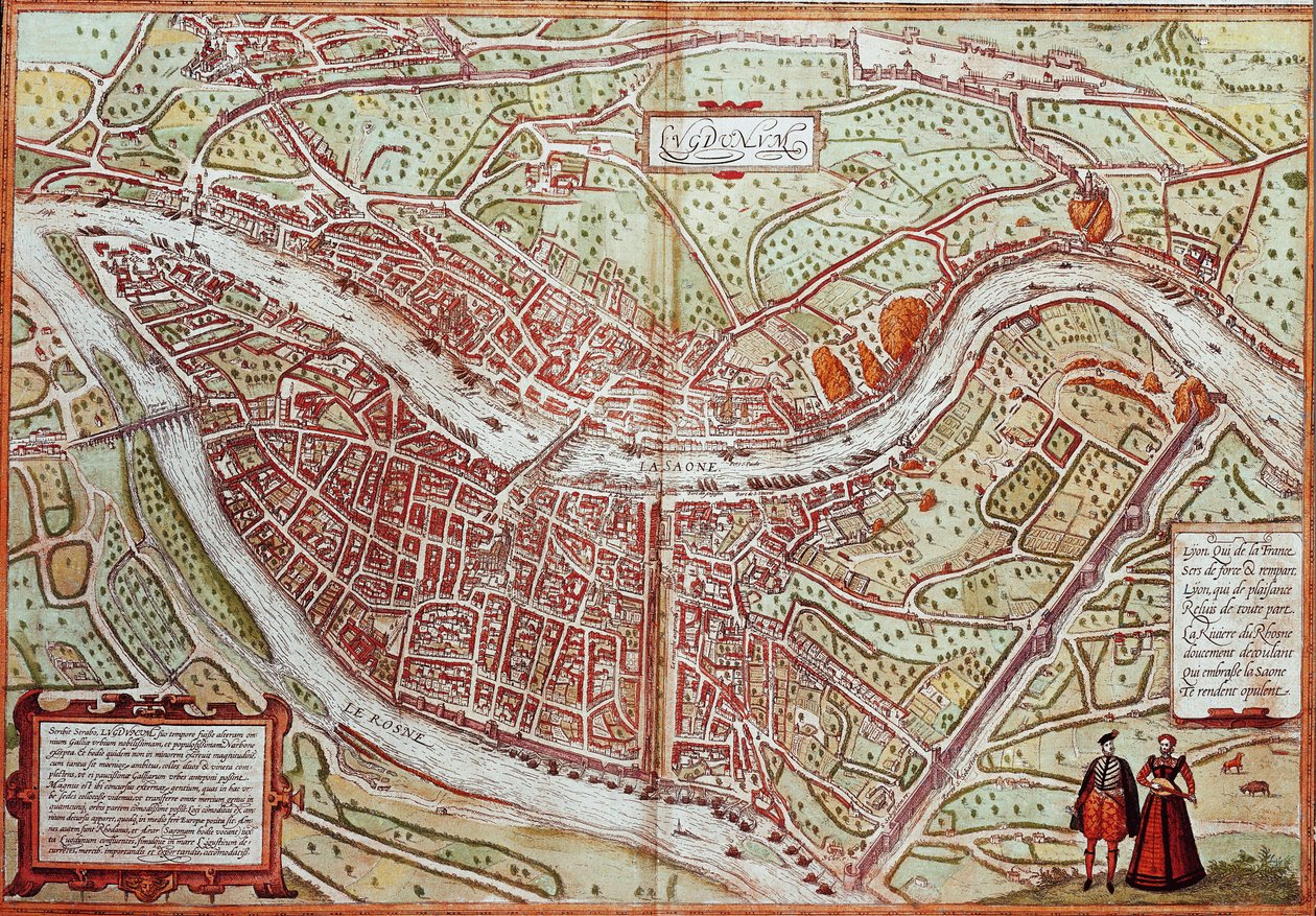 Karta över Lyon - Frankrike (gravyr av Franz Hogenberg