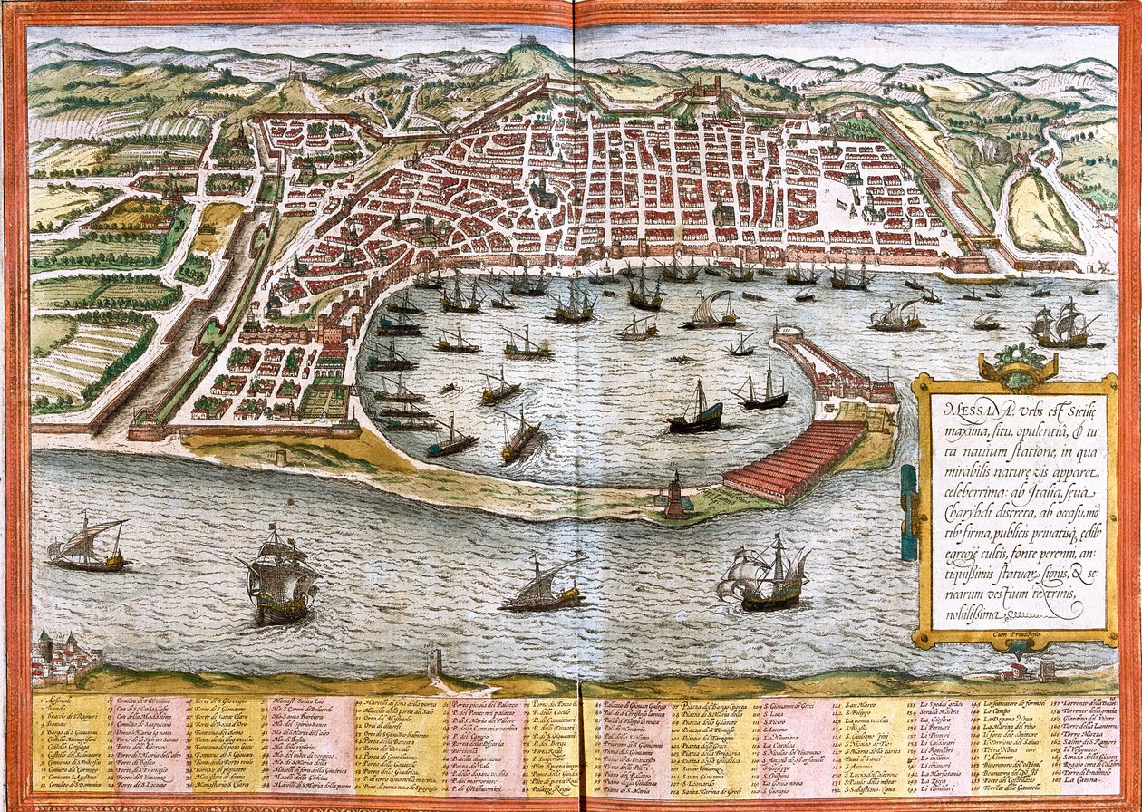 Karta över Messina (Messana), Italien (etsning av Franz Hogenberg