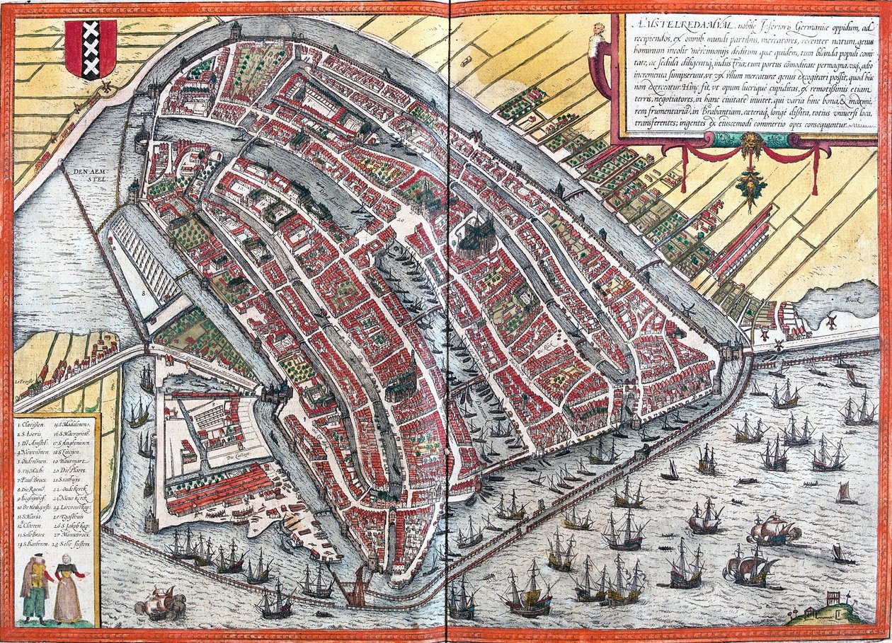 Plan av Amsterdam (Amstelredamum), Nederländerna (etsning av Franz Hogenberg