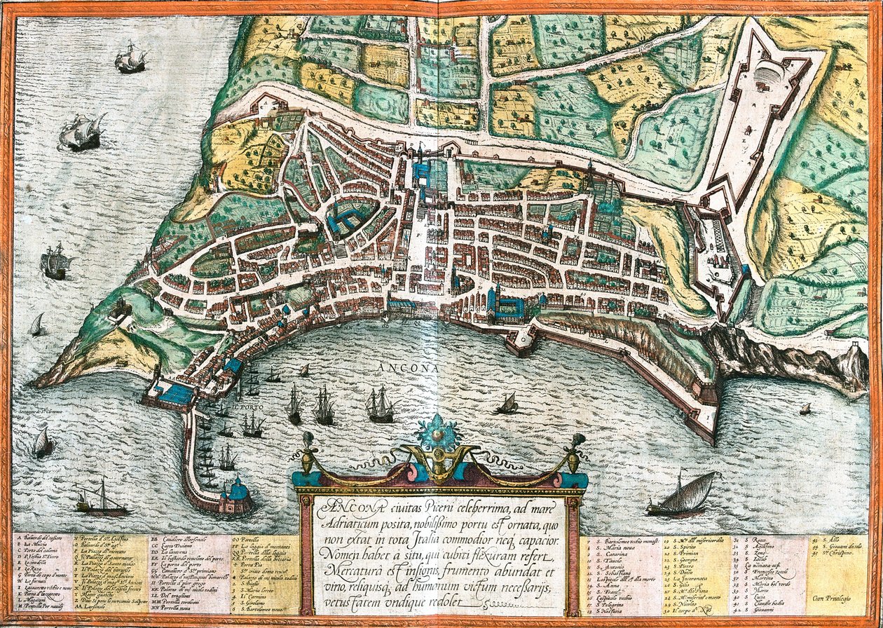 Plan över Ancona (Ancona), Italien (etsning av Franz Hogenberg